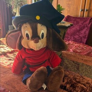 Vintage Charming Brown and Red Stuffed Animal with Blue Hat